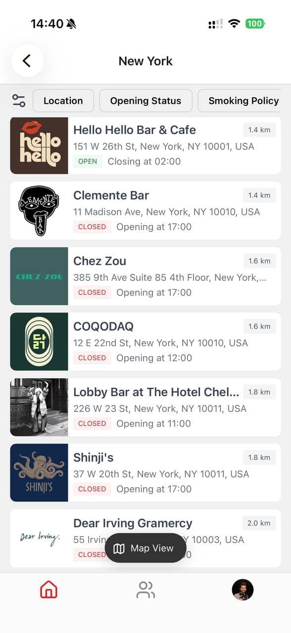 App screenshot — city bar list